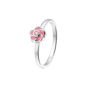 Zilver RH kinderring bloem met roze zirkonia en emaille mt. 14 - 3202038