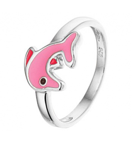 Zilver RH kinderring dolfijn met roze emaille mt. 14 - 3202040