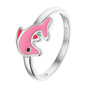 Zilver RH kinderring dolfijn met roze emaille mt. 14 - 3202040