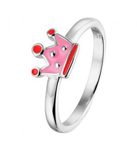 Zilver RH kinderring kroontje met roze emaille mt. 14 - 3202041