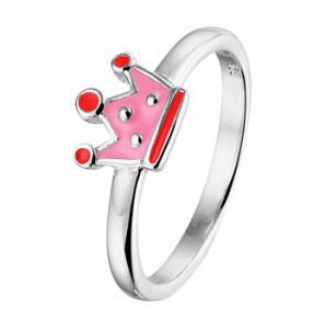 Zilver RH kinderring kroontje met roze emaille mt. 14 - 3202041