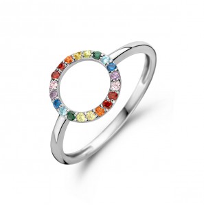 Zilver RH dames ring met regenboog zirkonia 10 mm mt. 16 - 3223696