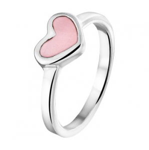 Zilver RH kinderring hart met roze mop mt. 14 - 3202035