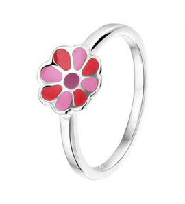 Zilver RH kinderring bloem met roze emaille mt. 14 - 3202044