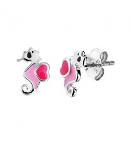 Zilver oorknop zeepaardje met email rose - 3201287