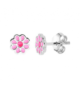 Zilver RH oorknop  bloem met roze email - 3201876