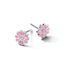 Zilver RH oorknop bloem roze emaille en zirkonia - 3202135