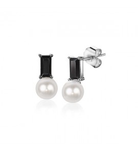 ZINZI zlv. oorknop met parel en zirconia zwart - 3202377