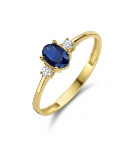 Goud dames ring met syn. saffier 6x4 mm en zirkoni's mt. 17¥ - 3222584
