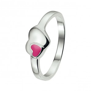 Zilver RH kinderring hart met hartje roze emaille mt. 13½ - 3211095