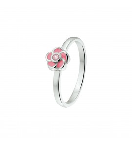 Zilver RH kinderring bloem met roze zirkonia en emaille mt. 13½ - 3211097