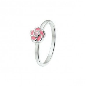Zilver RH kinderring bloem met roze zirkonia en emaille mt. 13½ - 3211097