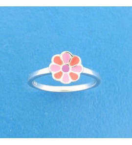 Zilver RH kinderring bloem met roze emaille mt. 13½ - 3211099
