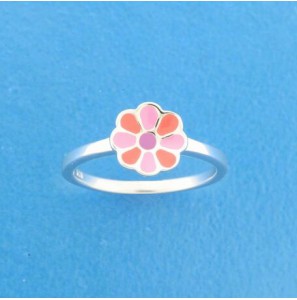 Zilver RH kinderring bloem met roze emaille mt. 13½ - 3211099