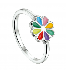 Zilver RH kinderring bloem met roze emaille mt. 14½ - 3211100