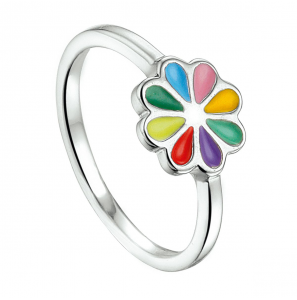 Zilver RH kinderring bloem met roze emaille mt. 14½ - 3211100