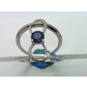 Goud wit dames ring twee band met verbonden strik blauw saffier en diam. 0.17 crt mt. 18 - 3211310