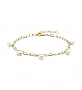 Geelgoud op 925 zilveren armband uitgevoerd met zoetwaterparels. De armband heeft een draaglengte van 18cm met een extensie van 3cm en een stevige karabijn sluiting. Geen garantie op plating. - 3211599