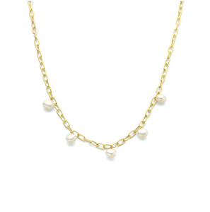 Geelgoud op 925 zilveren collier uitgevoerd met zoetwaterparels. Het collier heeft een draaglengte van 42cm met een extensie van 3cm en een stevige karabijn sluiting. Geen garantie op plating. - 3211600