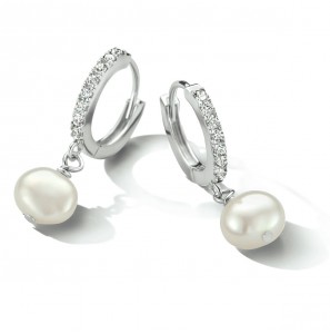 Zilver klap oorringen parel en zirkonia - 3211701