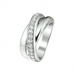 Zilver ring breed 3 banen met zirconia&#39;s mt. 19¾ - 3220578