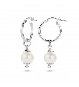 Zilver oorringen 15x1.7 mm met hanger zw parel 8.5 mm - 3220857