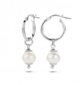 Zilver oorringen 15x1.7 mm met hanger zw parel 8.5 mm - 3220857
