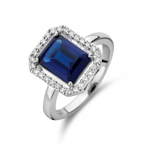 Zilver dames ring vierkante antorage met zirkonia en snth. saffier mt 17âo? - 3221034
