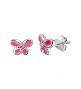 Zilver oorknop vlinder met roze email en zirkonia - 3221230