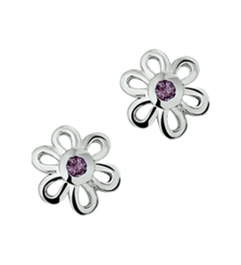 Zilver oorknop bloem met paars zirkonia - 3221234