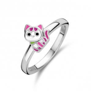 Zilver RH kinderring Poesje email mt. 14 - 3223693