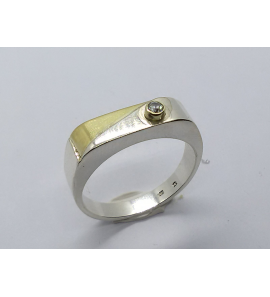 Zilver heren ring rechthoek met goud en zirkonia mt. 19½ - 3222905