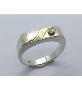 Zilver heren ring rechthoek met goud en zirkonia mt. 19¾ - 3222906