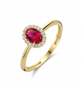 Goud dames ring met syn. robijn 6x4 mm en zirkoni's mt. 17¼ - 3223422