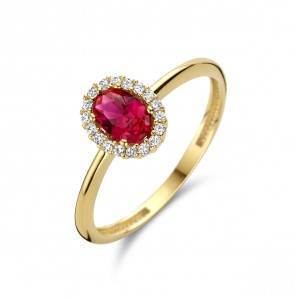 Goud dames ring met syn. robijn 6x4 mm en zirkoni's mt. 17¼ - 3223422