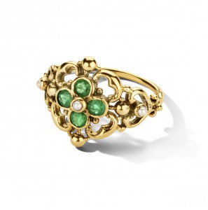 Goud dames ring vintage met Smaragd 0.12 ct zw parel 1.8 mm mt. 17¾ - 3223776