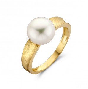 Goud dames ring met zw parel 9 mm mt. 17½ - 3223779