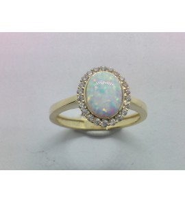 Goud dames ring met zirkonia's en wit pers opaal mt. 17½ - 3223906