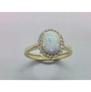 Goud dames ring met zirkonia's en wit pers opaal mt. 17½ - 3223906