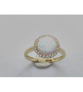 Goud dames ring met zirkonia's en wit pers opaal mt. 17½ - 3223908