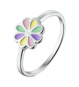 Zilver RH kinderring Bloem regenboog email mt. 15½ - 58
