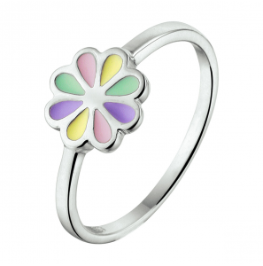 Zilver RH kinderring Bloem regenboog email mt. 15½ - 58