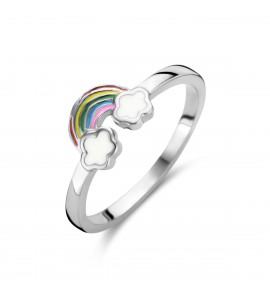 Zilver RH kinderring wolken met regenboog email mt. 13½ - 60