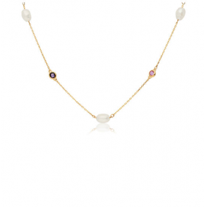 Goud collier anker met zw parel en kleur steen 45 cm - 374