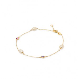 Goud armband anker met zw parel en kleur steen 45 cm - 375