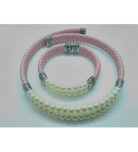 Zilver/leer/parels collier en armband - 994