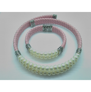 Zilver/leer/parels collier en armband - 994