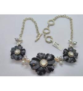Zilver collier tak motief met bloemen van agaat/maansteen knoppen zw parels - 995
