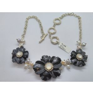 Zilver collier tak motief met bloemen van agaat/maansteen knoppen zw parels - 995