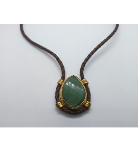 Zilver gg.verguld collier met leer en groene jade - 996